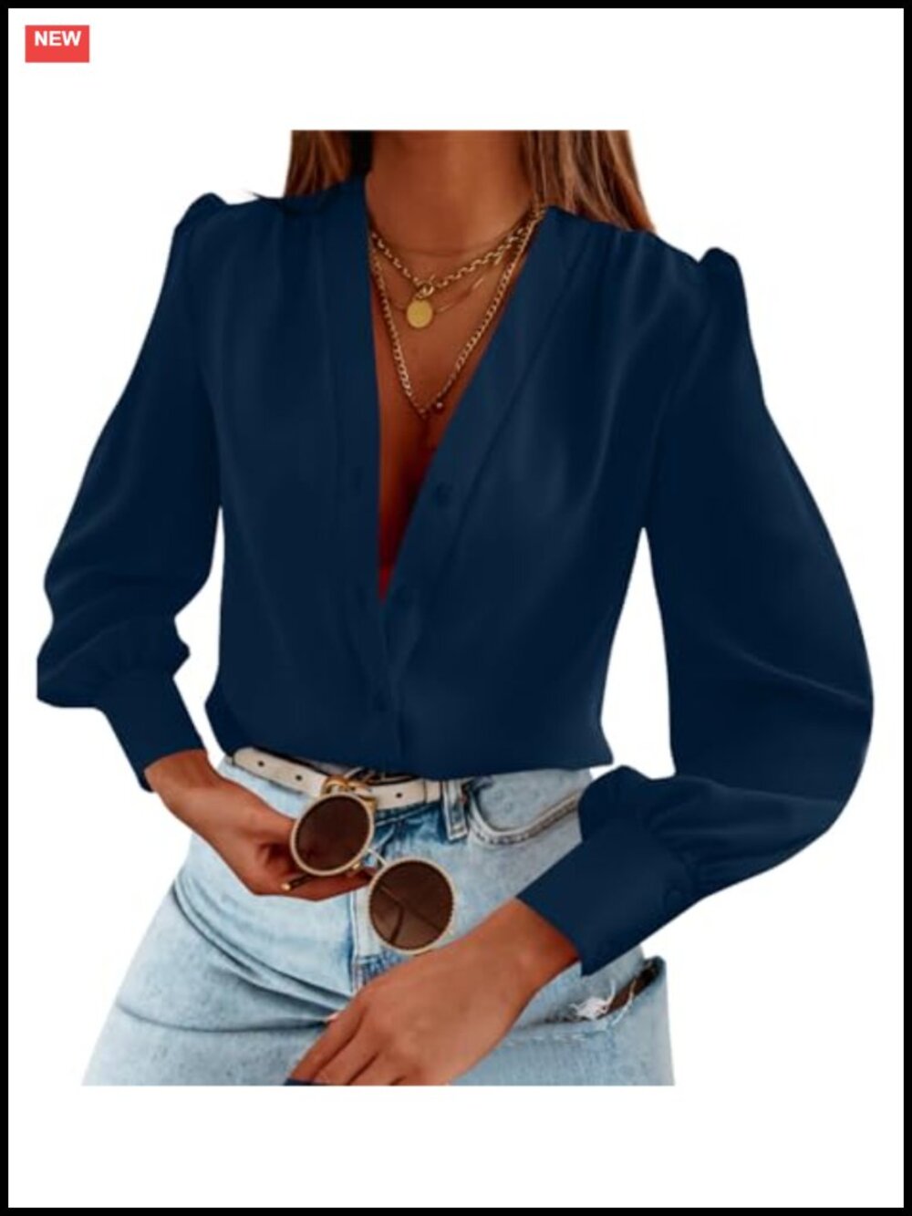 Women's Long Sleeve Button Down V Neck Blouse Business Casual Top